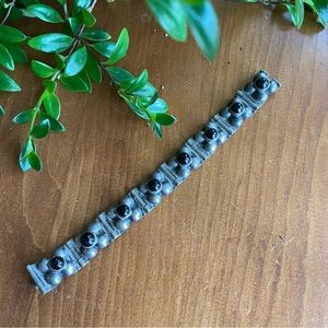 Vintage Mexico Silver & Onyx Hinged Bezel Set Tribal Style Bracelet